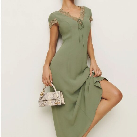 Reformation Green Midi Dress with Lace Trim - Picture 9 of 12